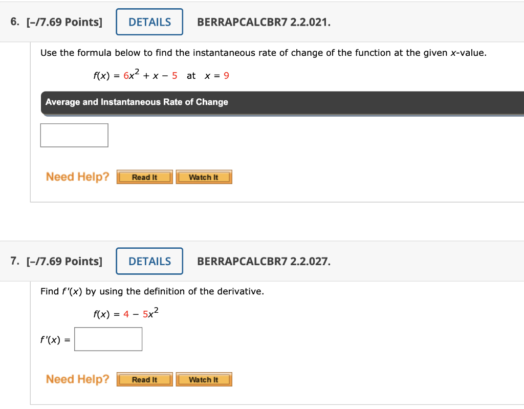 Solved 2. [-17.69 Points] DETAILS BERRAPCALCBR7 2.2.009.MI. | Chegg.com