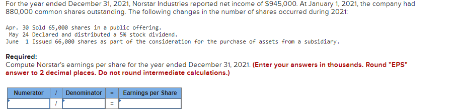 Solved For The Year Ended December 31, 2021, Norstar | Chegg.com