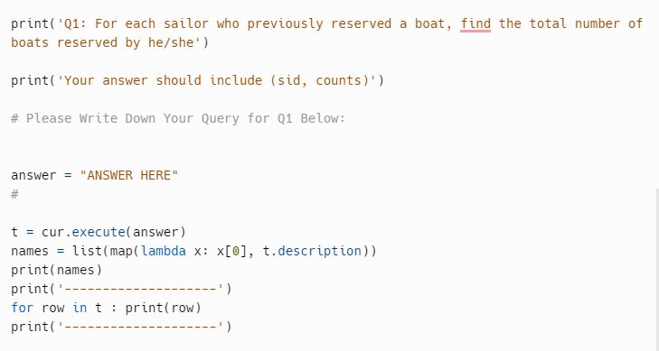 Solved print('Q1: For each sailor who previously reserved a | Chegg.com