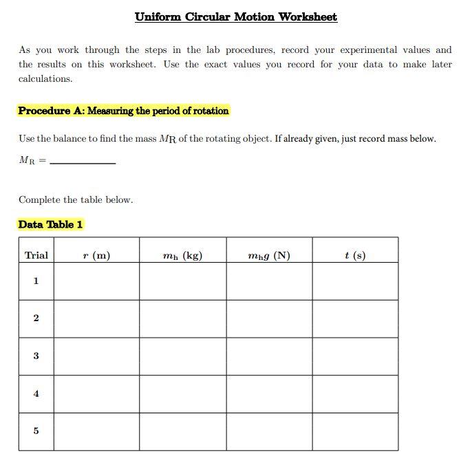 Solved Uniform Circular Motion Worksheet As You Work Through Chegg