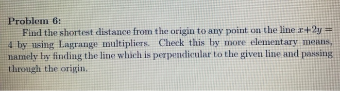Solved Problem 6: Find the shortest distance from the origin | Chegg.com