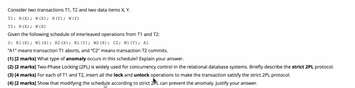 Solved Consider Two Transactions T1, T2 And Two Data Items | Chegg.com