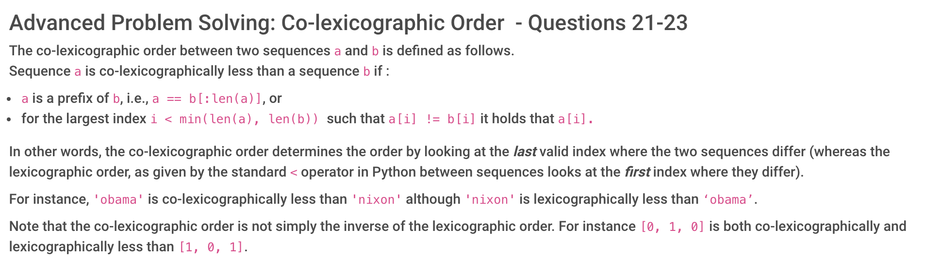 Solved Advanced Problem Solving: Co-lexicographic Order - | Chegg.com