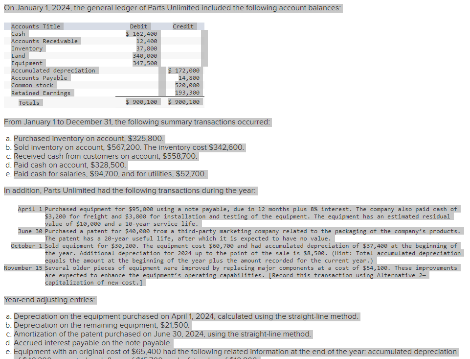 Solved On January 1, 2024, the general ledger of Parts