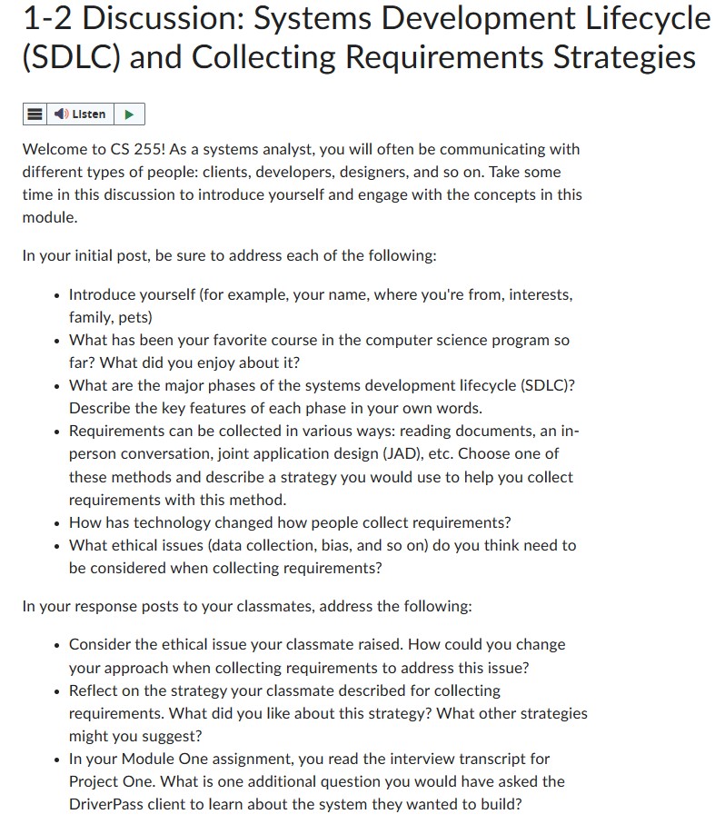 Solved 1-2 Discussion: Systems Development Lifecycle (SDLC) | Chegg.com