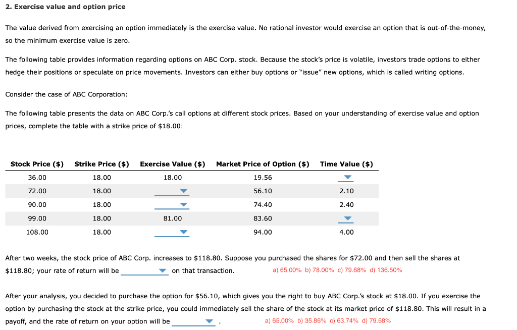 Solved 2. Exercise value and option price The value derived | Chegg.com