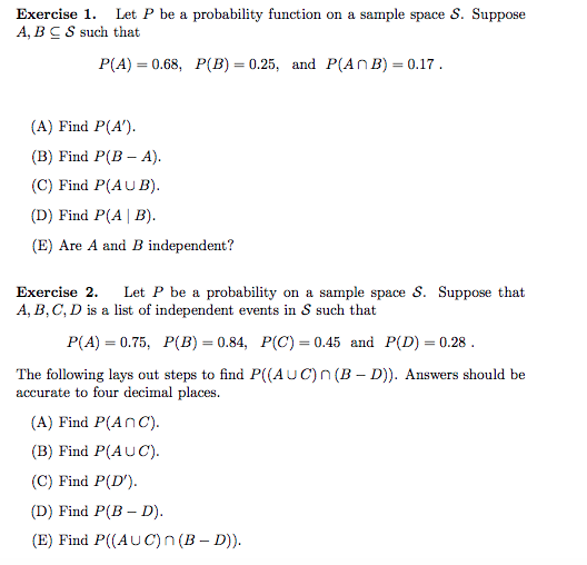 Solved Exercise 1. Let P be a probability function on a Chegg