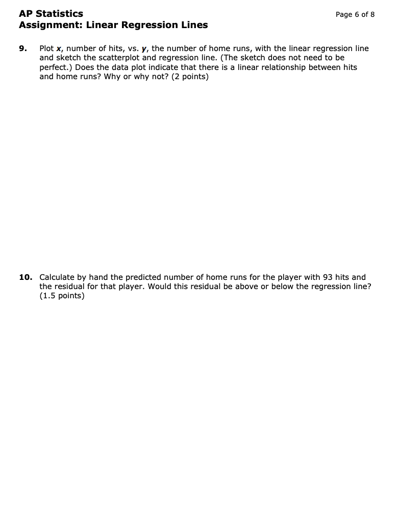 ap statistics assignment linear regression lines