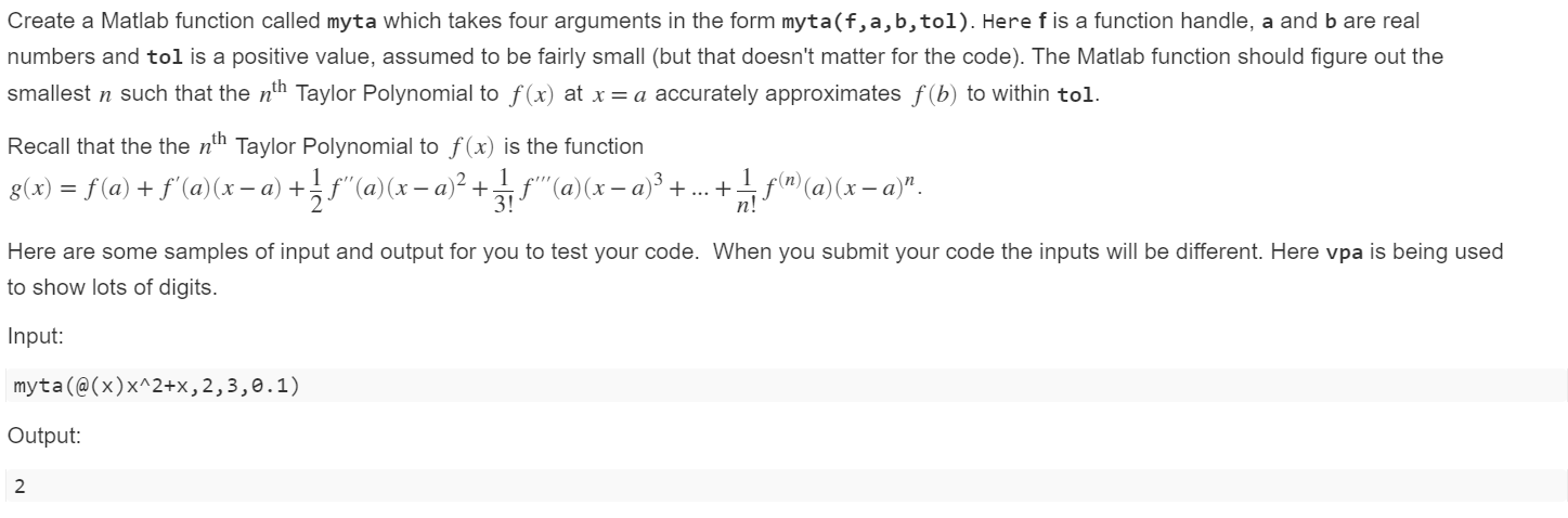 Solved Create A Matlab Function Called Myta Which Takes Four | Chegg.com