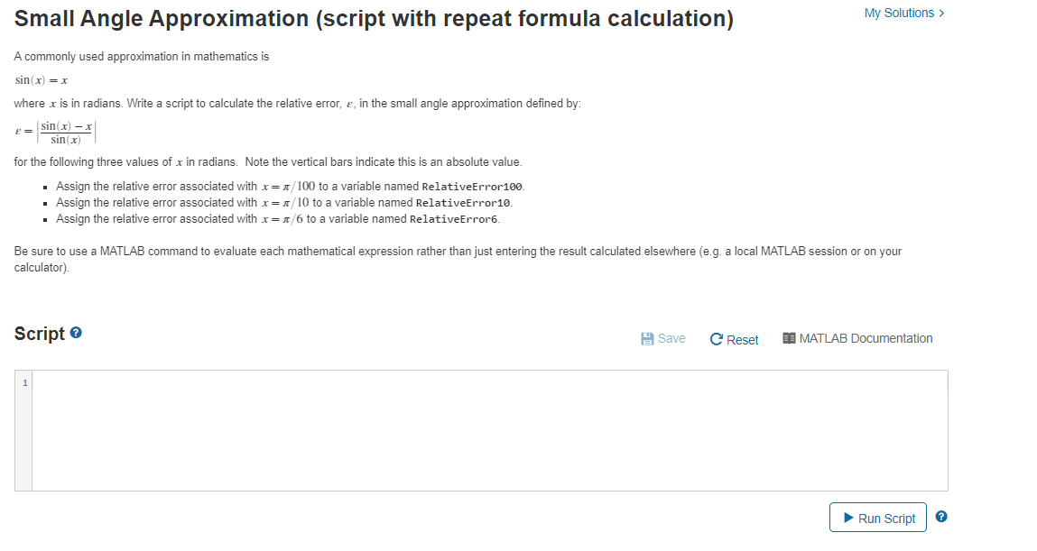 Solved My Solutions > Small Angle Approximation (script with | Chegg.com