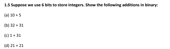 Solved 1.5 Suppose we use 6 bits to store integers. Show the | Chegg.com