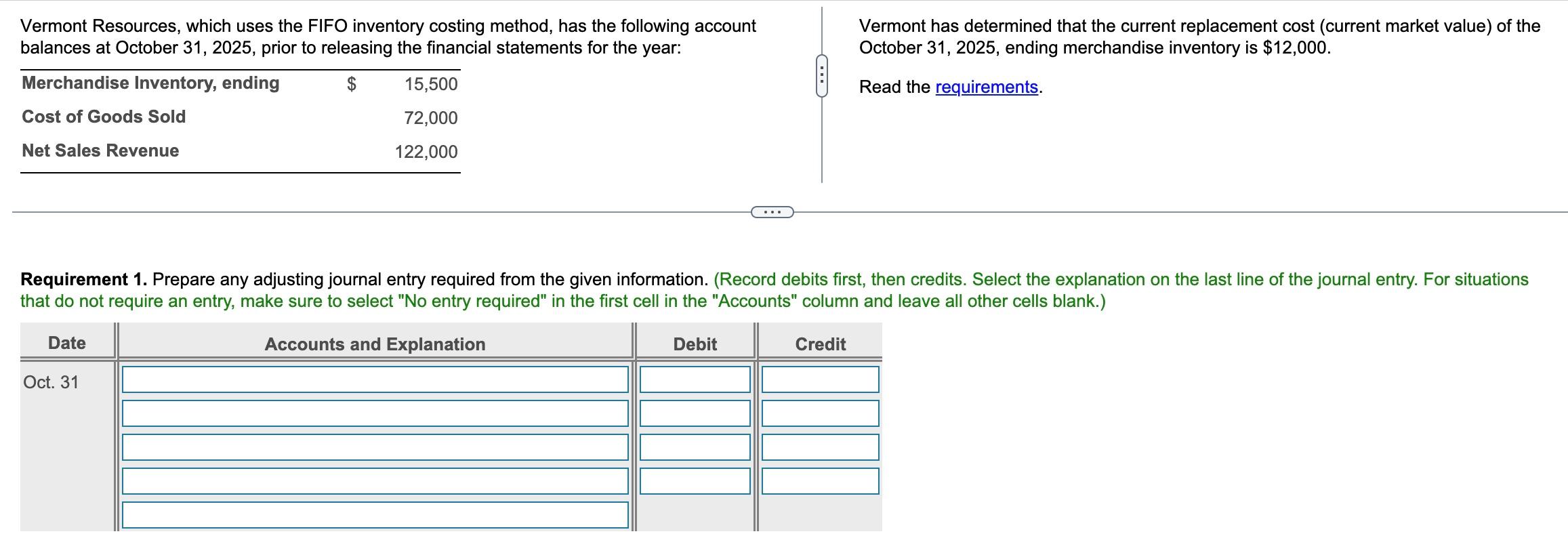 Vermont Resources, which uses the FIFO inventory costing method, has the following account
balances at October 31,2025 , prio