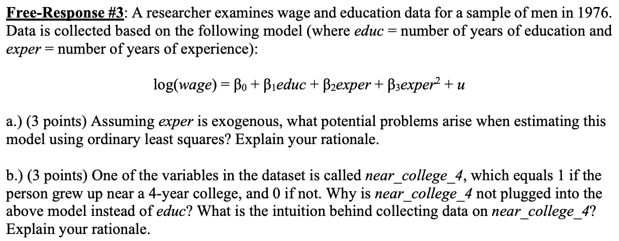 Solved Free-Response #3: A Researcher Examines Wage And | Chegg.com