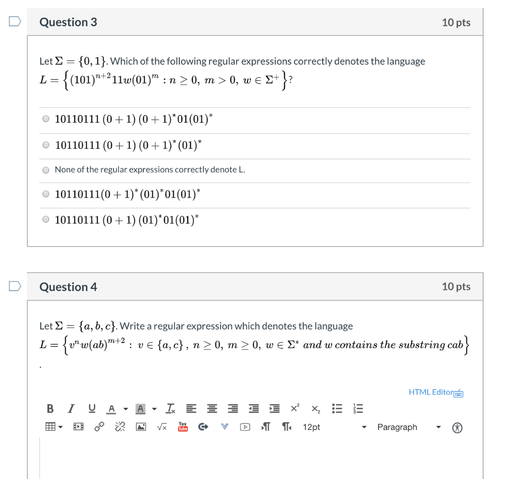 Solved D Question 3 10 pts Let £ = {0,1}. Which of the | Chegg.com