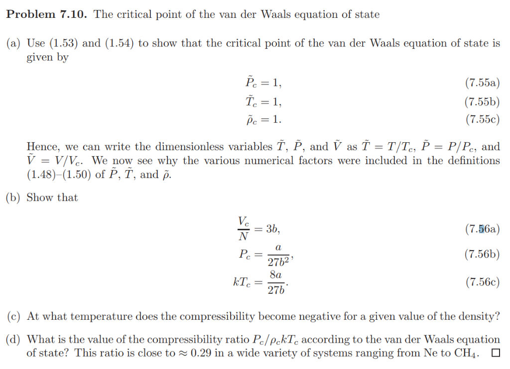 Solved Problem 7.10. The critical point of the van der Waals | Chegg.com