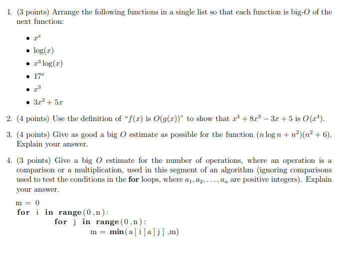 Solved 1. (3 points) Arrange the following functions in a | Chegg.com