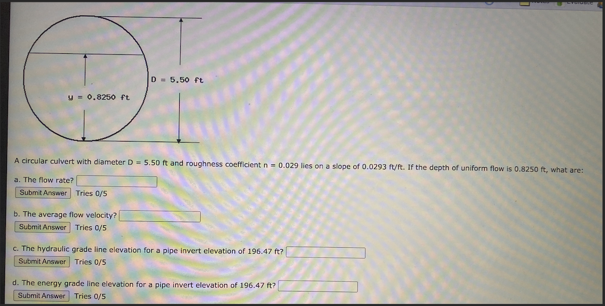 Solved D = 5.50 ft y = 0.8250 ft A circular culvert with