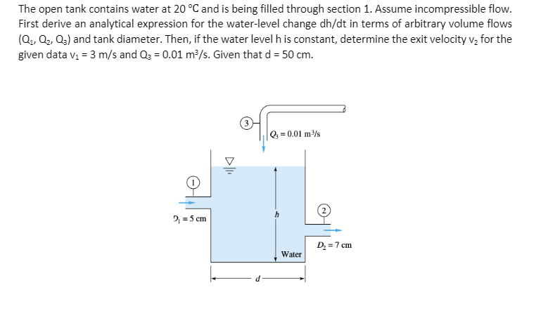 Solved The open tank contains water at 20 °C and is being | Chegg.com