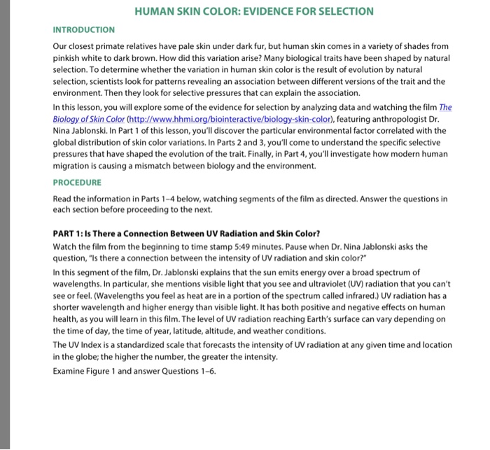 Solved HUMAN SKIN COLOR: EVIDENCE FOR SELECTION INTRODUCTION Chegg com