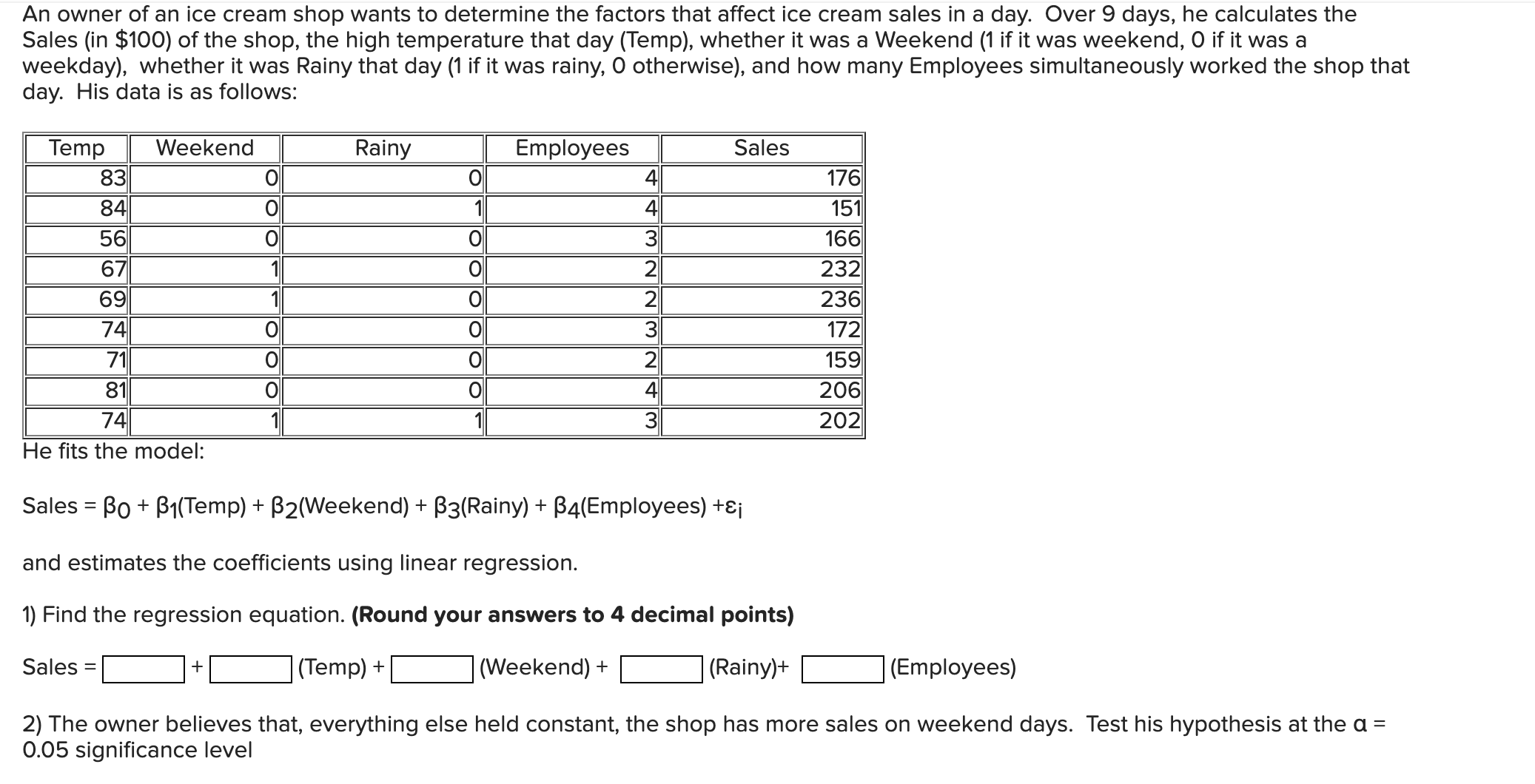 Solved An owner of an ice cream shop wants to determine the | Chegg.com