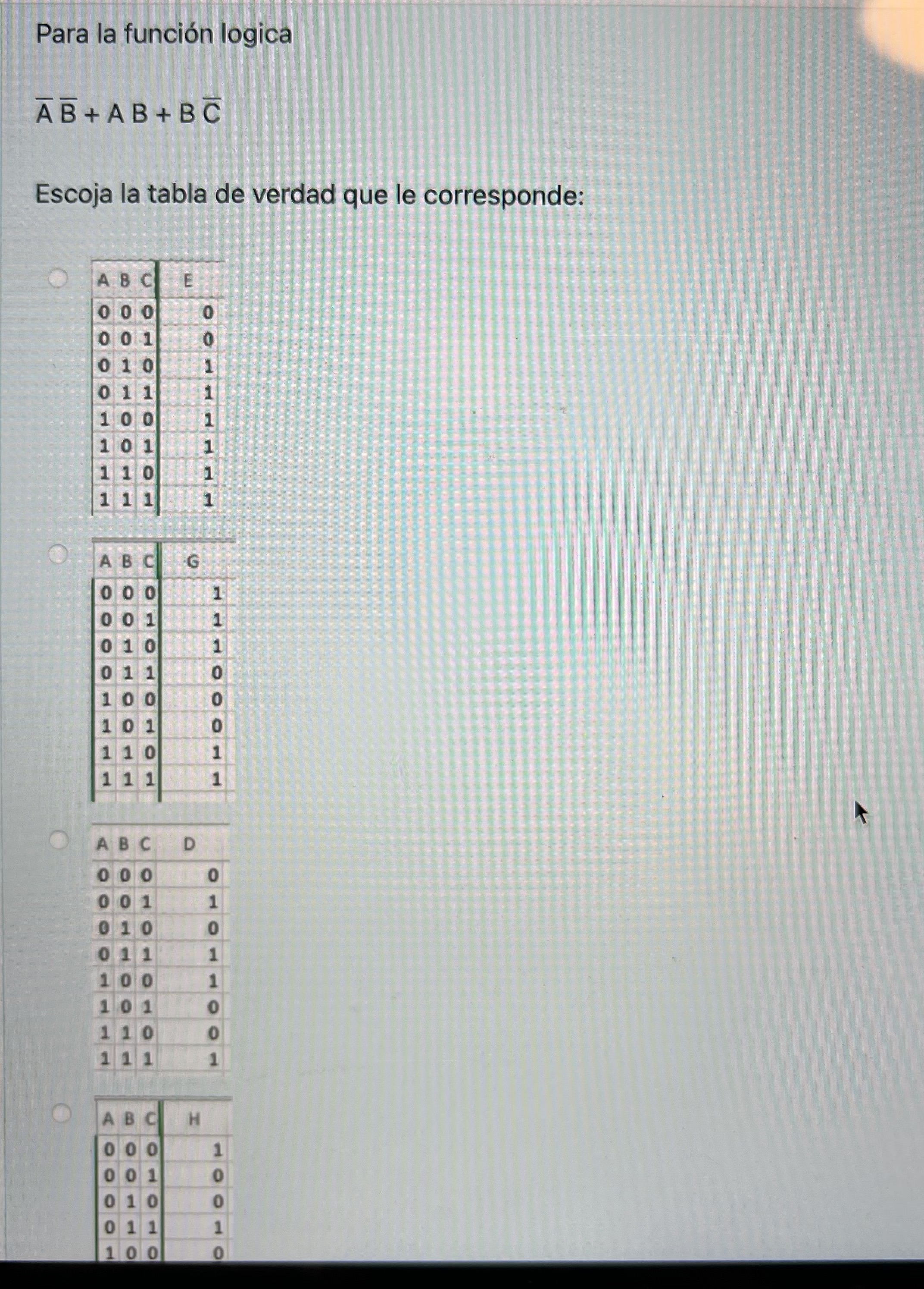 Solved Para La Funci N Logica A B Ab Bc Escoja La Tabla De Chegg Com