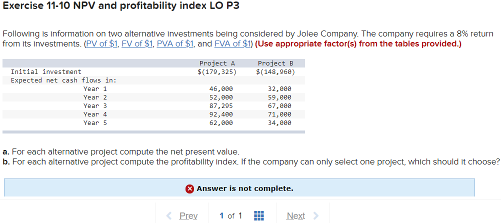 Solved Exercise 11 10 Npv And Profitability Index Lo P3 F Chegg Com