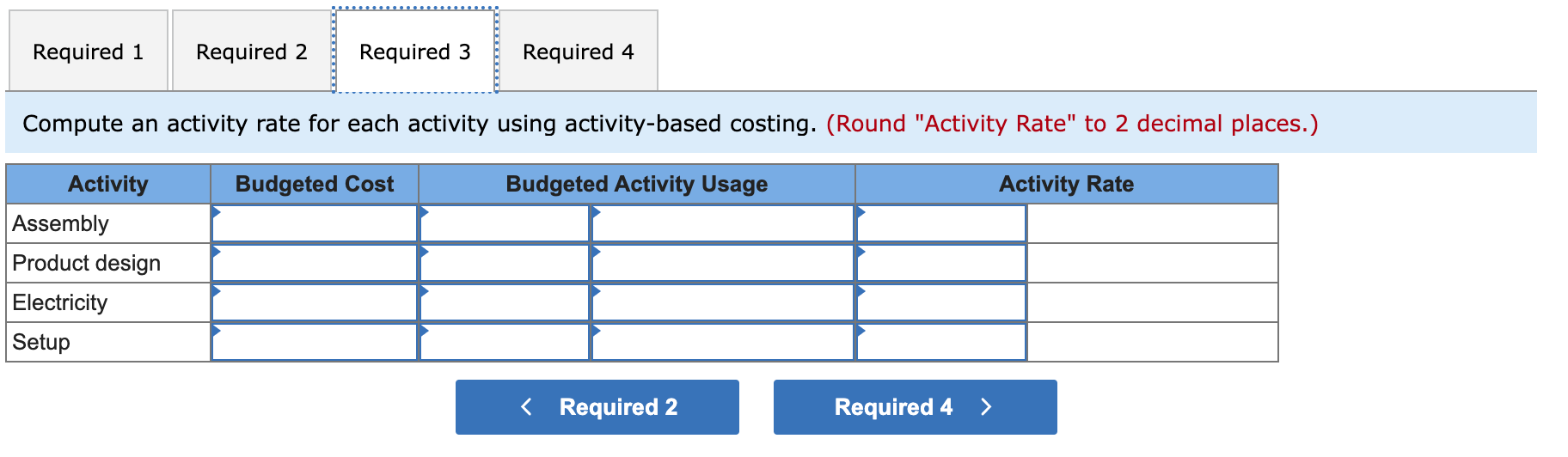 Required 1
Required 2 Required 3 Required 4
Compute an activity rate for each activity using activity-based costing. (Round 