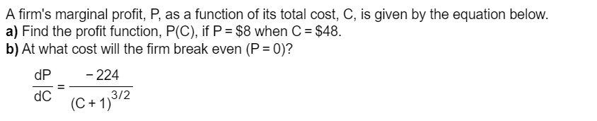 Solved A firm's marginal profit, P, as a function of its | Chegg.com