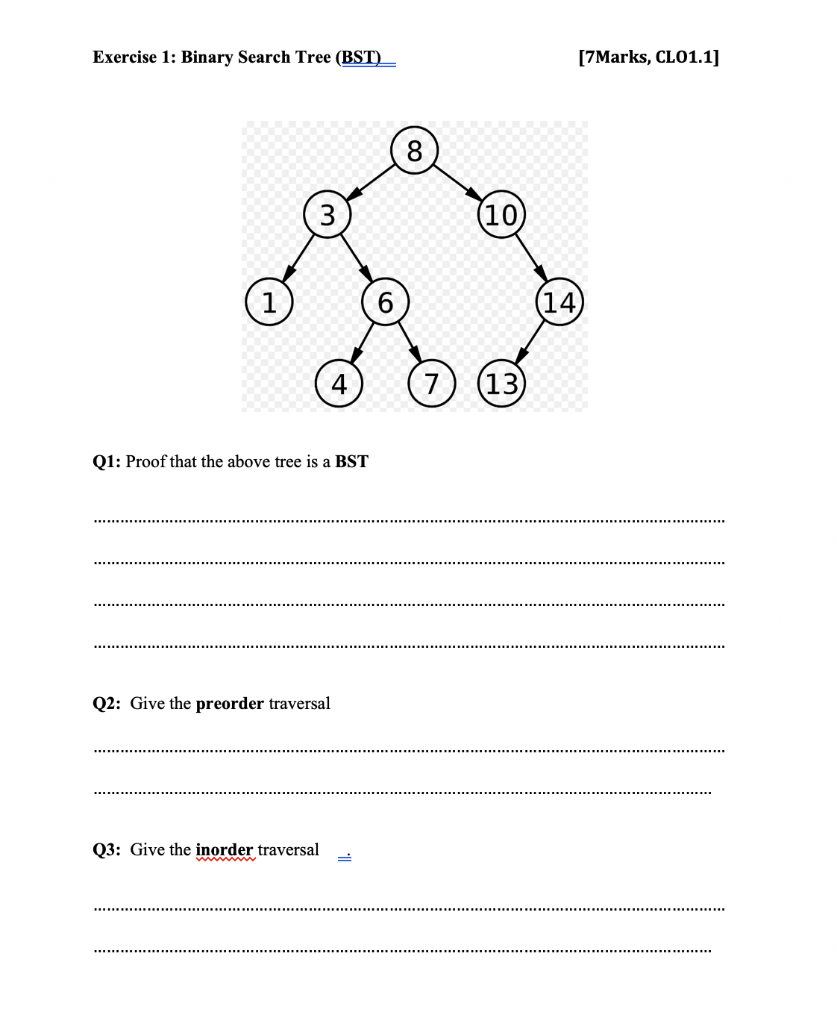 Solved Exercise 1: Binary Search Tree (BST) [7Marks, CL01.1] | Chegg.com