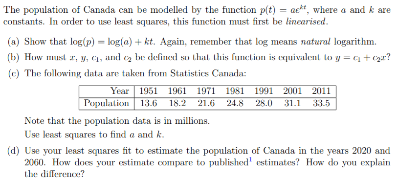 Solved The Population Of Canada Can Be Modelled By The | Chegg.com