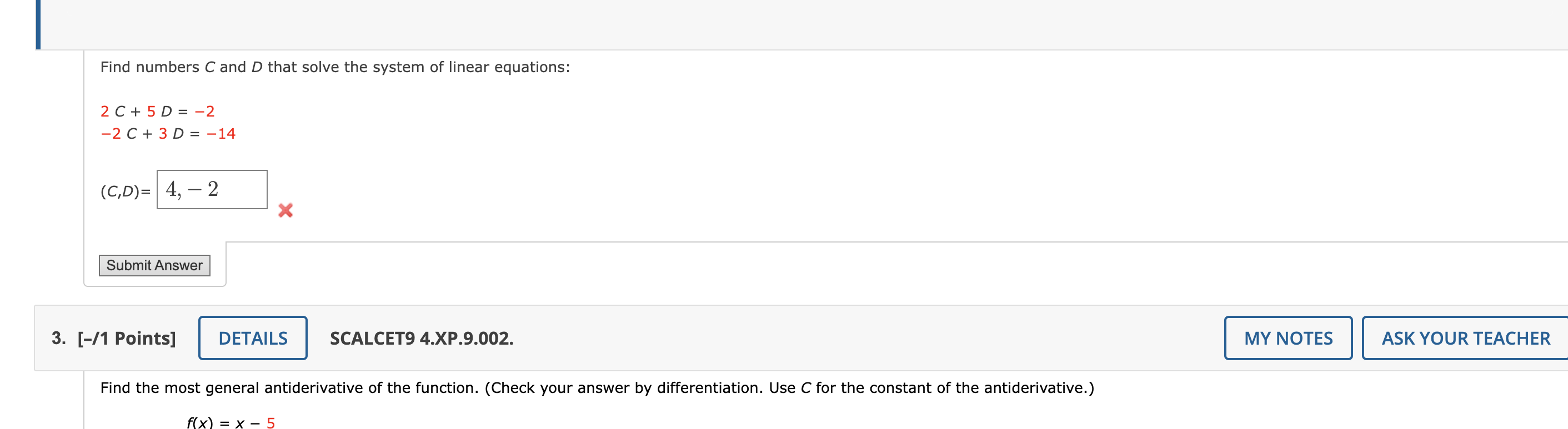 Solved Find numbers C and D that solve the system of linear | Chegg.com
