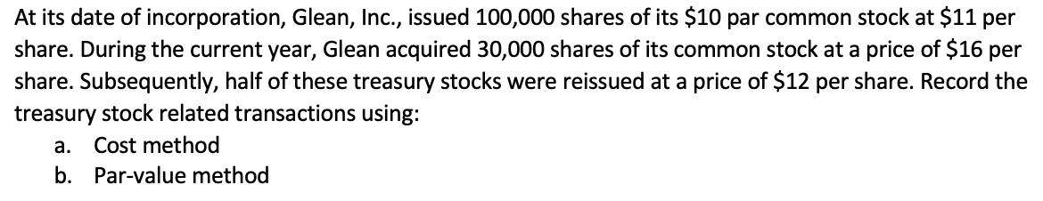 Solved At Its Date Of Incorporation Glean Inc Issued Chegg