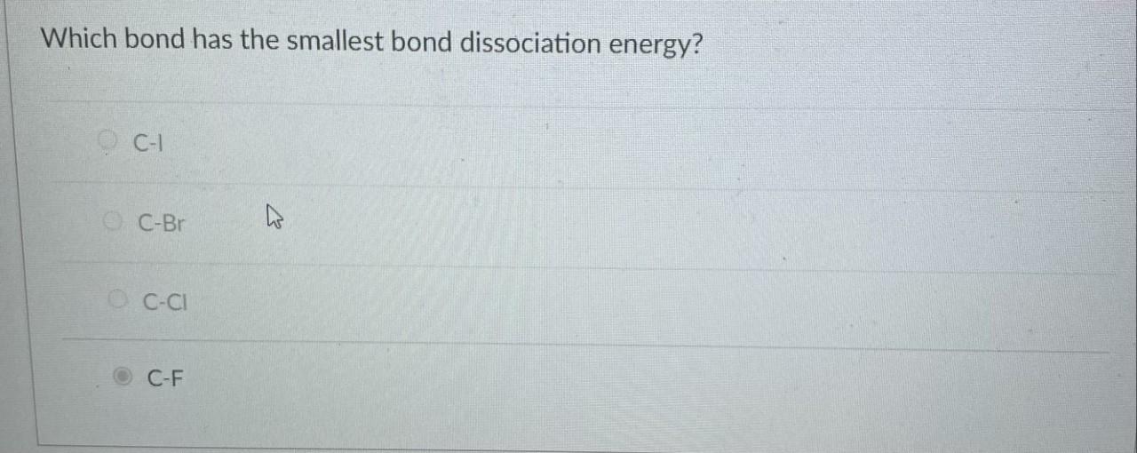Solved Which bond has the smallest bond dissociation energy? | Chegg.com