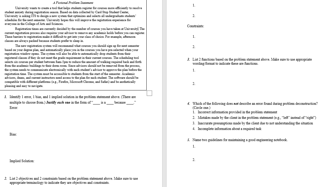 1. 2. Constraints: 1. A Fictional Problem Statement | Chegg.com