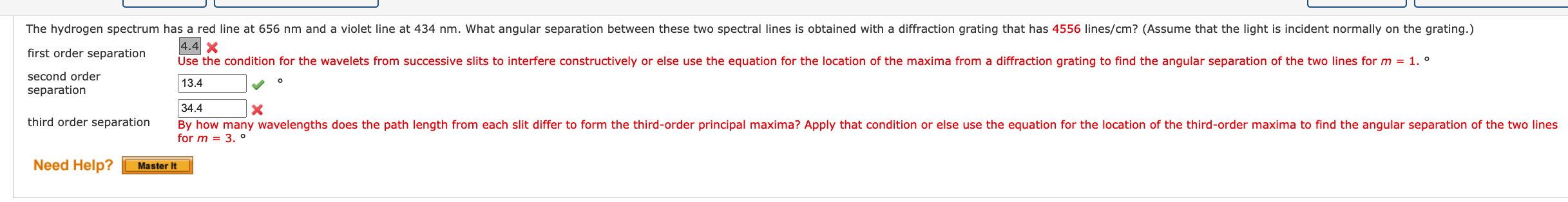 Solved The hydrogen spectrum has a red line at 656 nm and a | Chegg.com