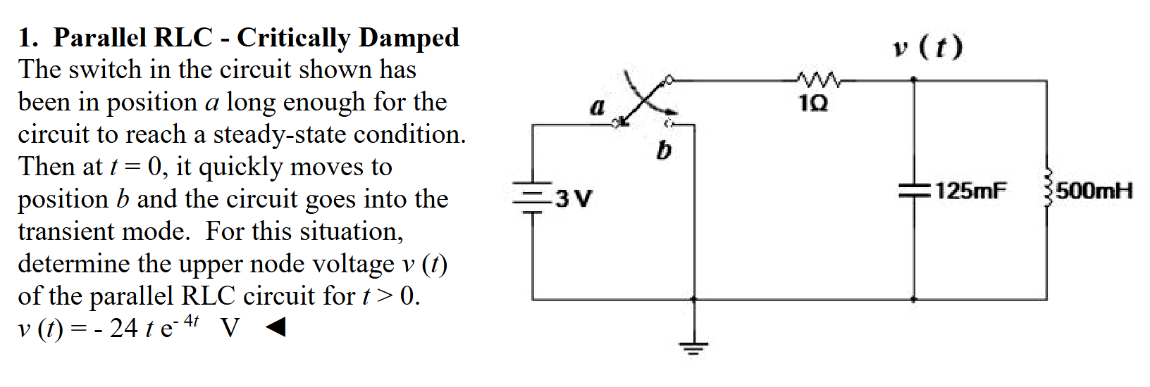 Parallel RLC - ﻿Critically DampedThe switch in the | Chegg.com