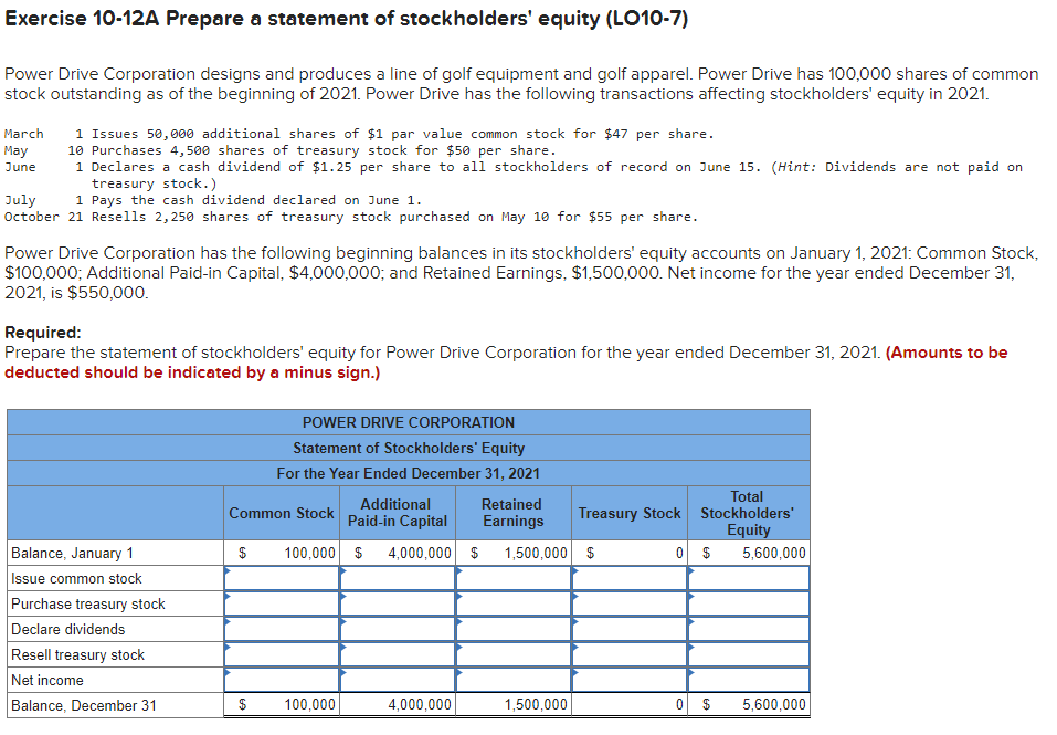 Solved Exercise 10-12A Prepare A Statement Of Stockholders' | Chegg.com
