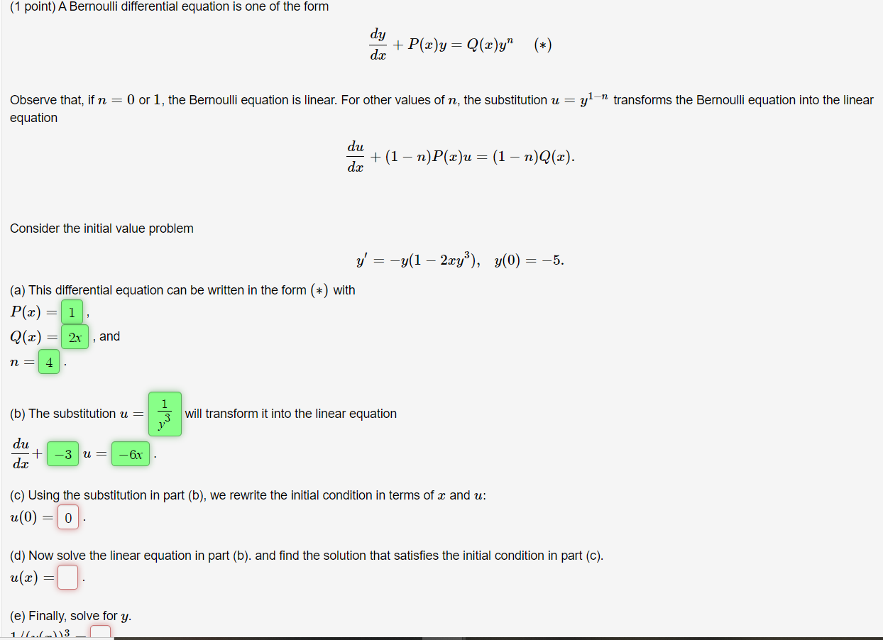 Solved A Bernoulli Differential Equation Is One Of The