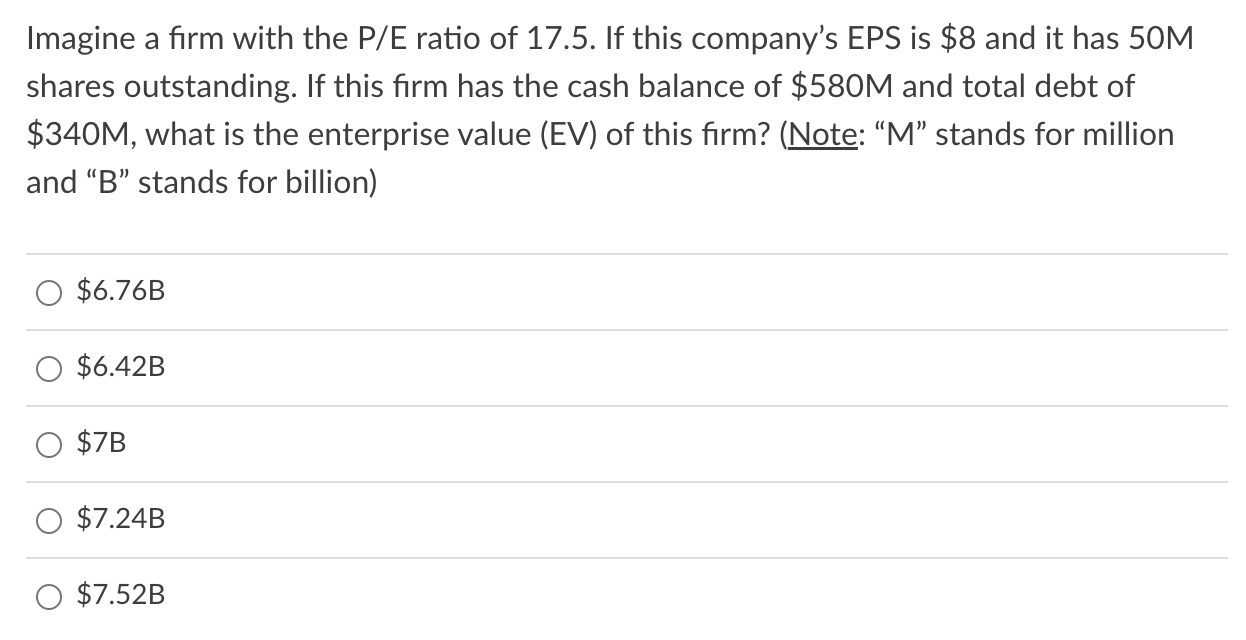 Solved Imagine A Firm With The P E Ratio Of 17 5 If This Chegg