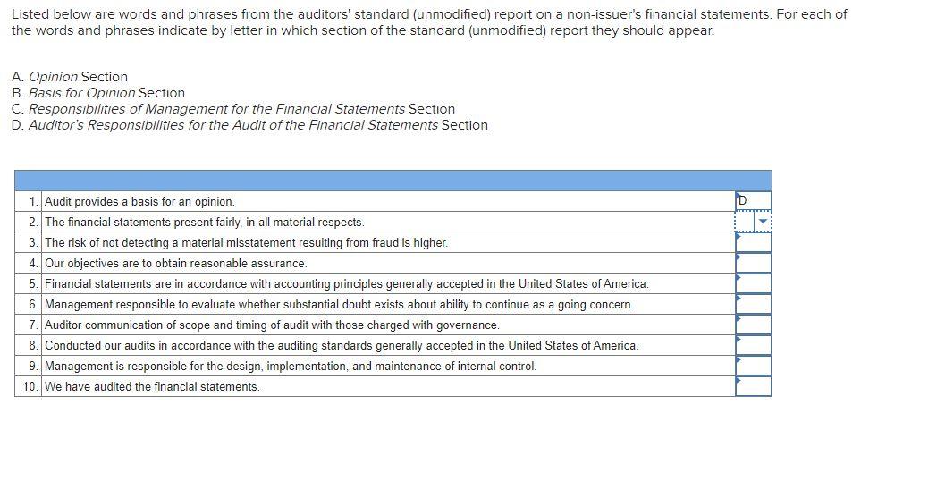 Solved Listed below are words and phrases from the auditors'