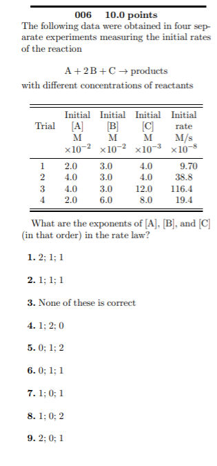 Solved 006 10.0 points The following data were obtained in | Chegg.com