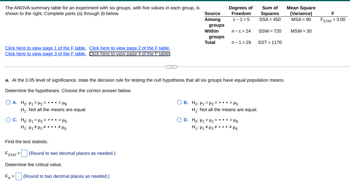 Solved The ANOVA summary table for an experiment with six | Chegg.com