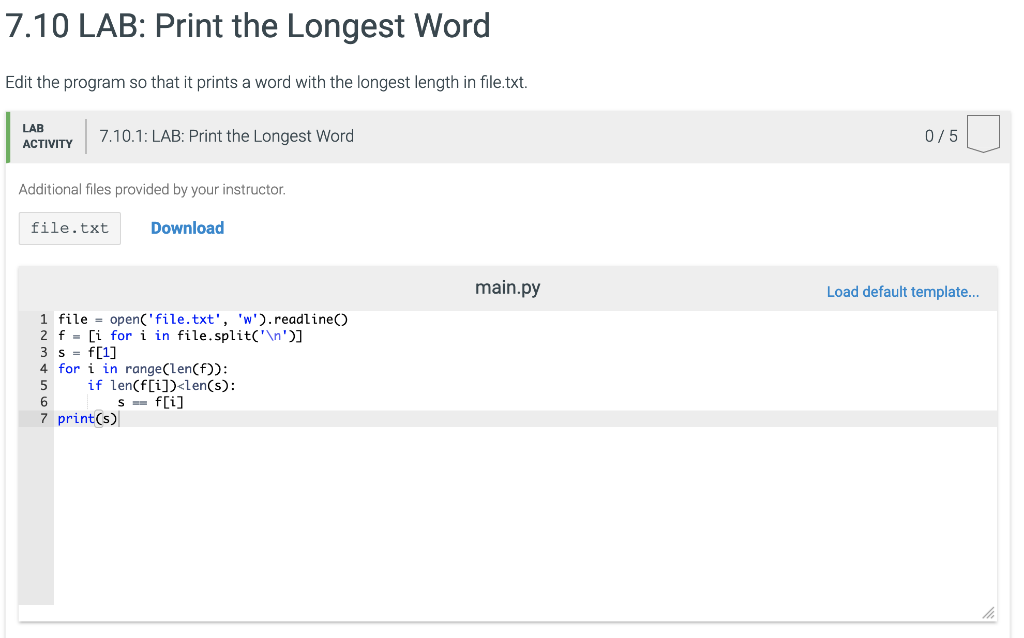 (Solved) : 710 Lab Print Longest Word Edit Program Prints Word Longest ...