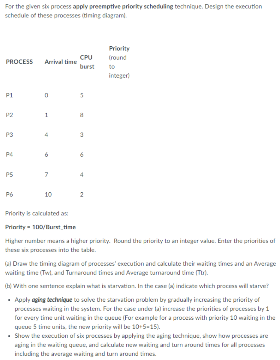 Solved For the given six process apply preemptive priority | Chegg.com