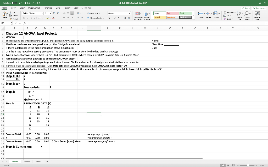 Solved 3. EXCEL Project 3 ANOVA Formulas Dela Review View | Chegg.com