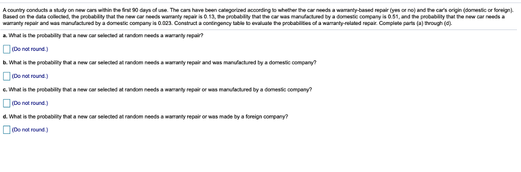 Solved A country conducts a study on new cars within the | Chegg.com