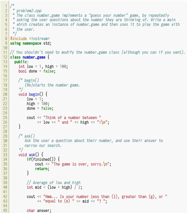 Solved * * 1/* 2 problem2.cpp 3 The class number-game | Chegg.com