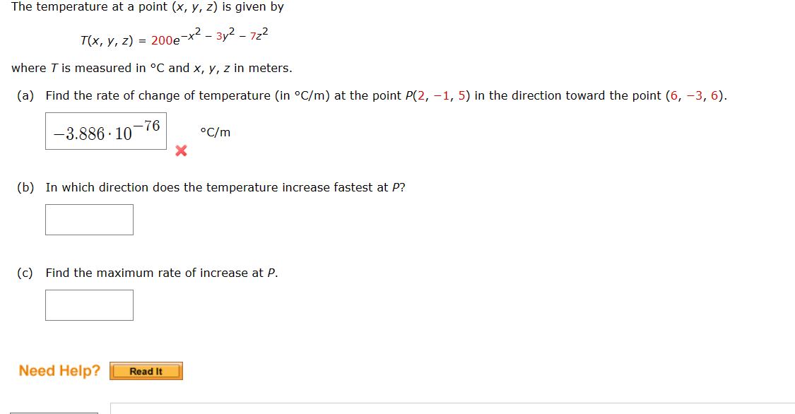 Solved The temperature at a point (x,y,z) is given by | Chegg.com