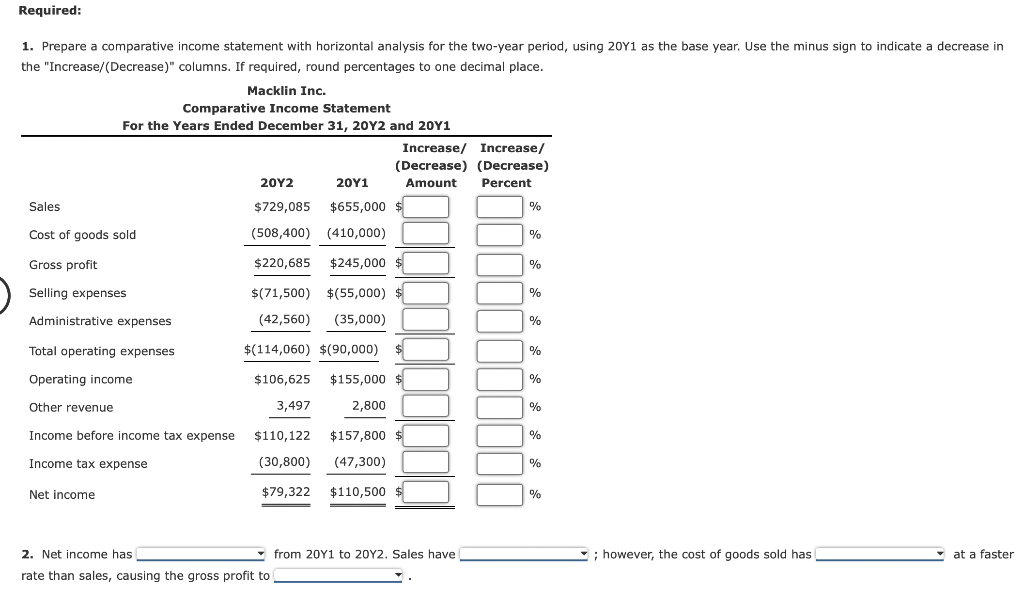Solved Horizontal Analysis of Income Statement For 20Y2, | Chegg.com