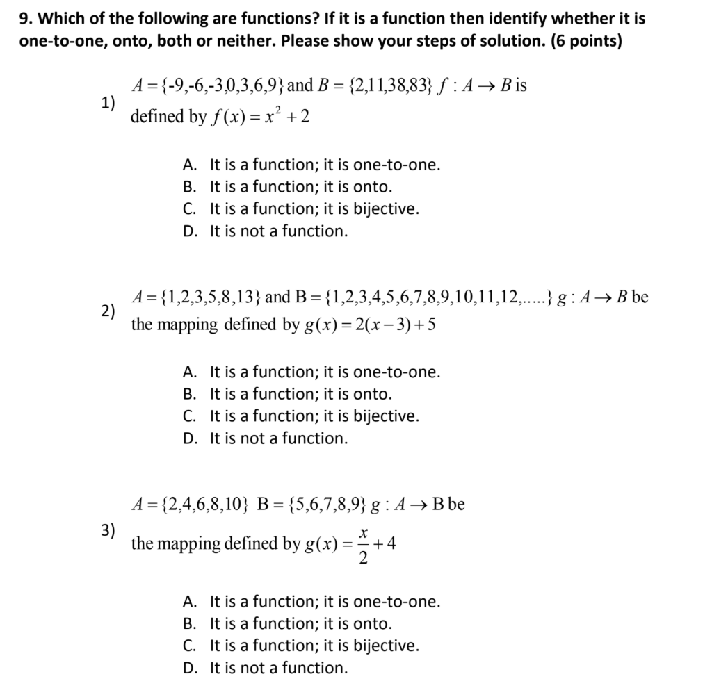 Solved 9. Which of the following are functions? If it is a | Chegg.com